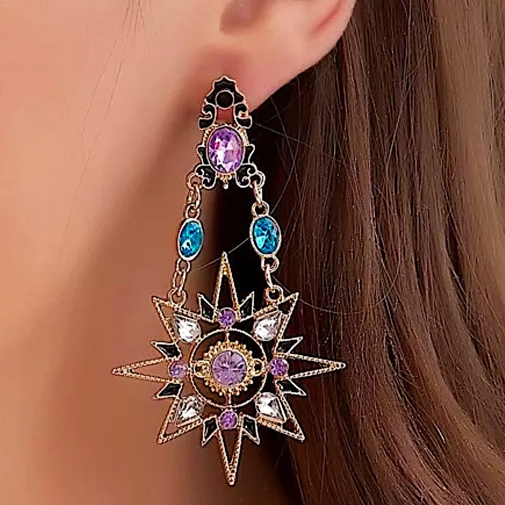 Celestial Moon Star Gold Plated Dangle Earrings Statement accent Stones - Picture 5 of 14